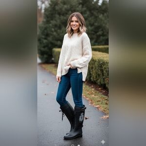 Juicy Couture Black Rain Boots Lace Up Buckle Logo Crown US 8